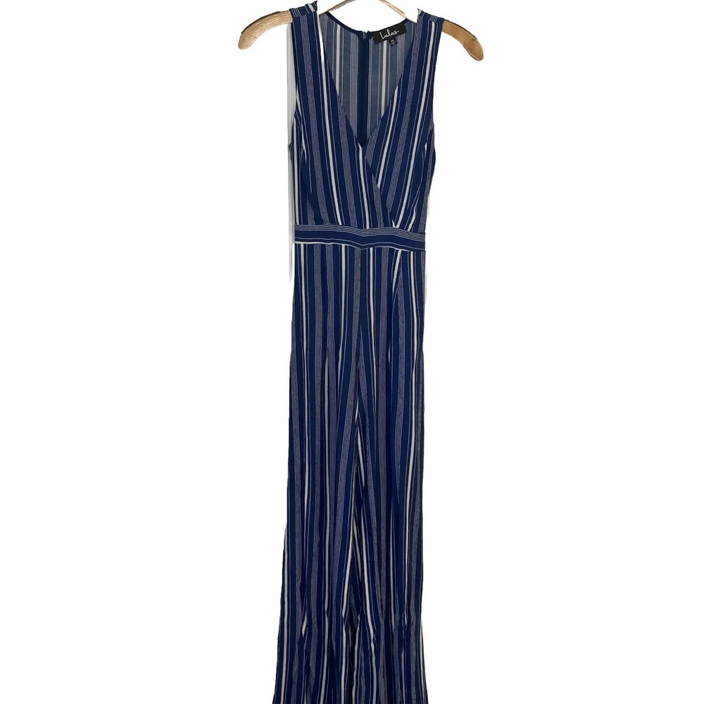 Lulus Navy White Striped Jumpsuit XS Palazzo Wide Leg Faux Wrap Nautical